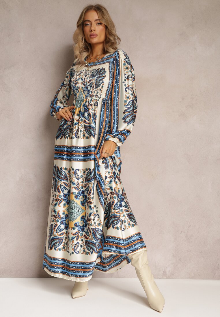 Granatowo-Beżowa Rozkloszowana Sukienka Maxi w Stylu Boho z Gumką w Pasie Elenetha
