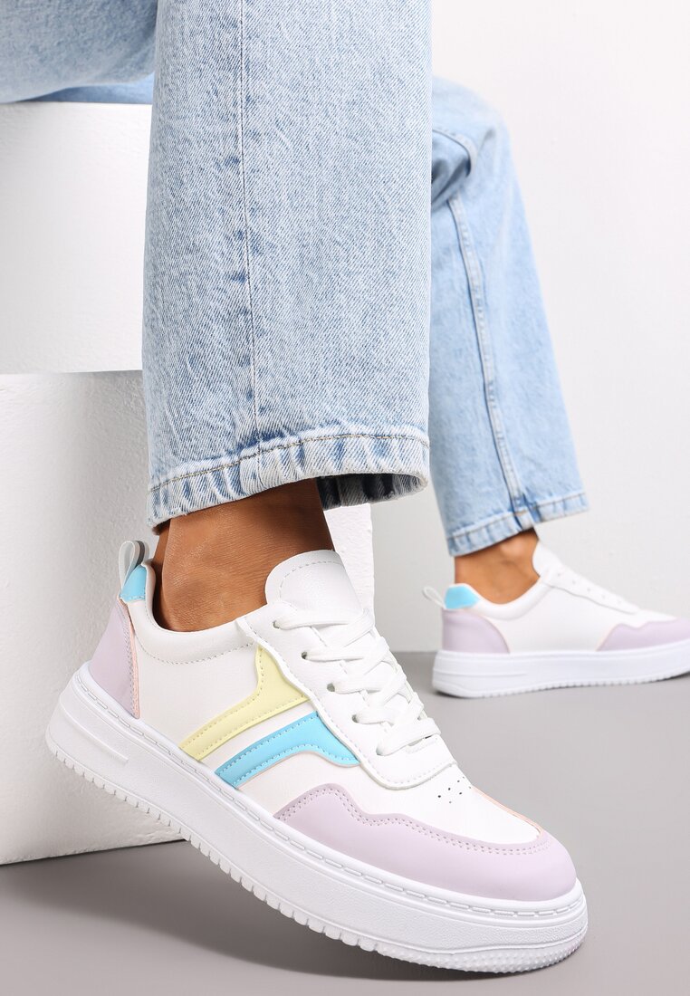 Sneakers Alb-Violet cu Talpă Plată și Cusături Colorate Niomie