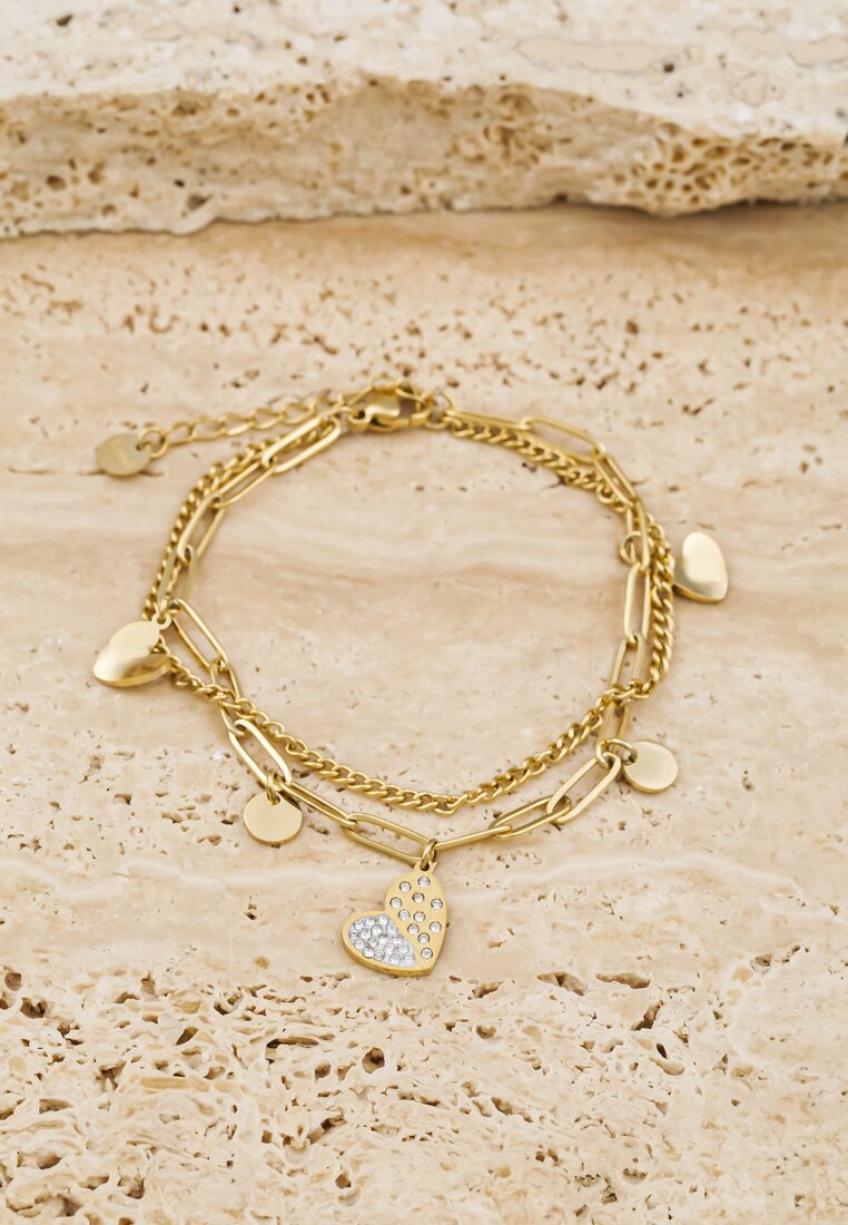 Złota Bransoletka z Zawieszkami i Serduszkami w Cyrkonie Tate