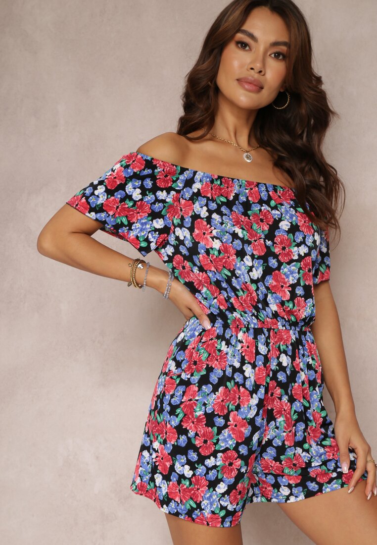 Salopeta Neagră-Roșie cu Elastic în Talie și Decolteu Spaniol Xenesa