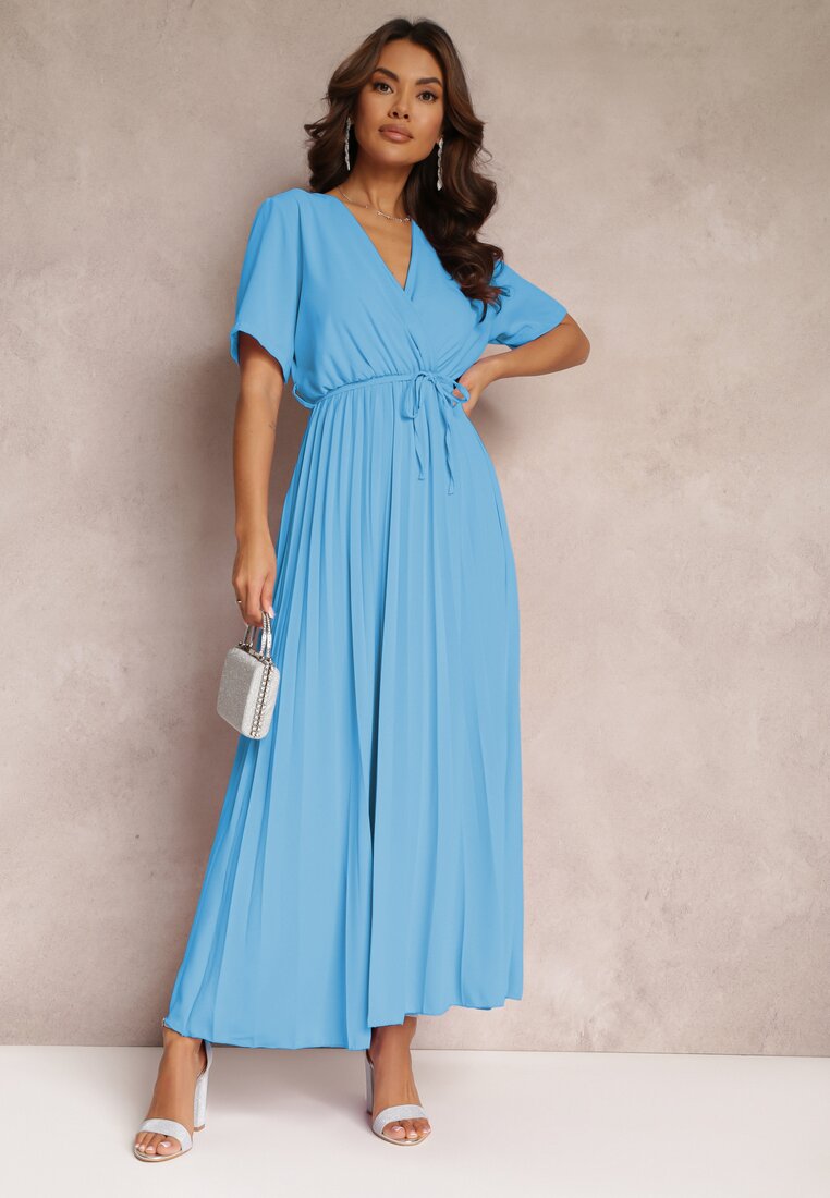 Niebieska Rozkloszowana Sukienka Plisowana z Wiązanym Paskiem Eilemona
