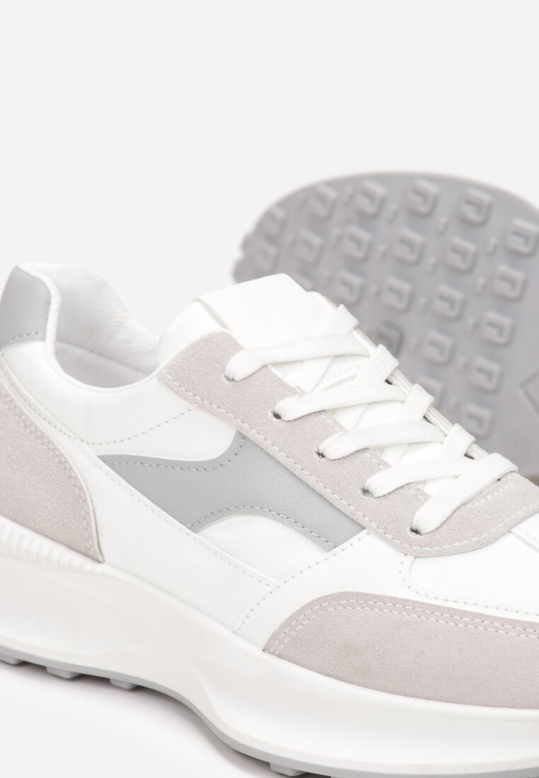 Biało-Szare Sznurowane Sneakersy przed Kostkę na Grubej Podeszwie z Wycięciami Karia