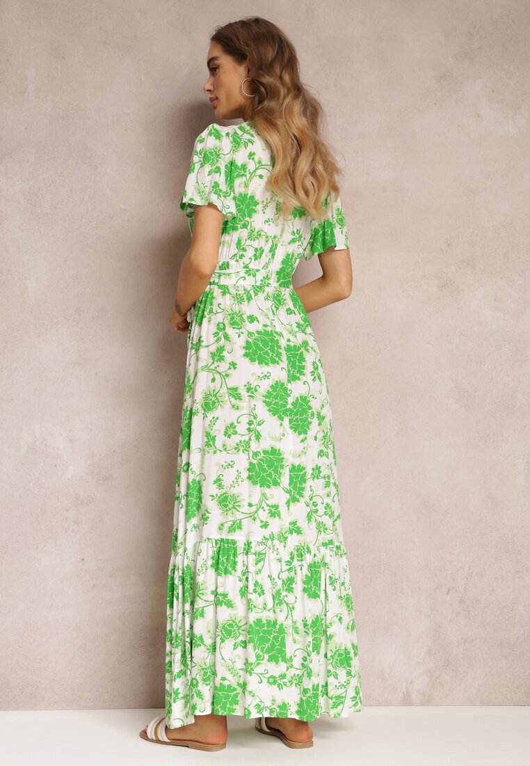 Zielona Sukienka w Kwiaty z Paskiem i Gumką w Talii z Wiskozy Agletina