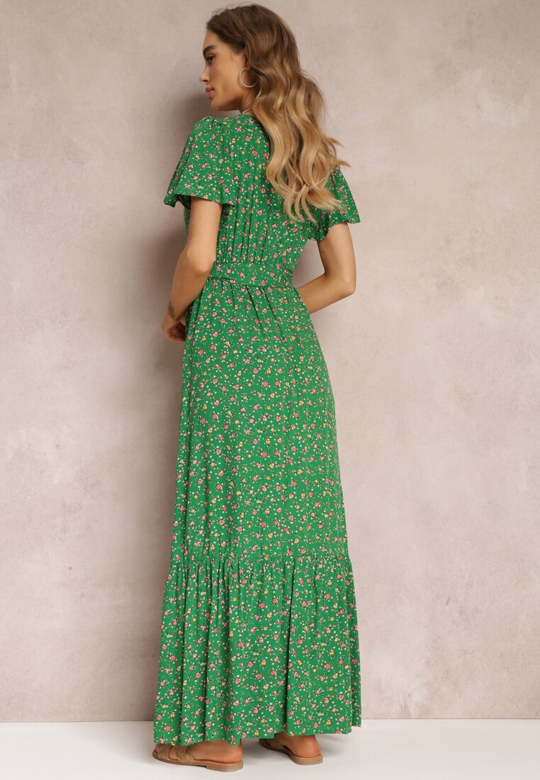 Rochie Verde Lungă cu Imprimeu Floral cu Elastic în Talie și Decolteu Tip Plic Deniva