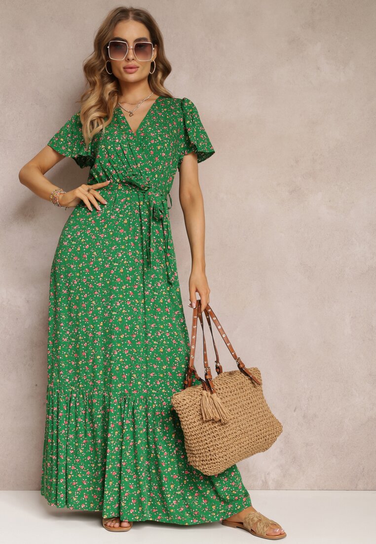 Rochie Verde Lungă cu Imprimeu Floral cu Elastic în Talie și Decolteu Tip Plic Deniva