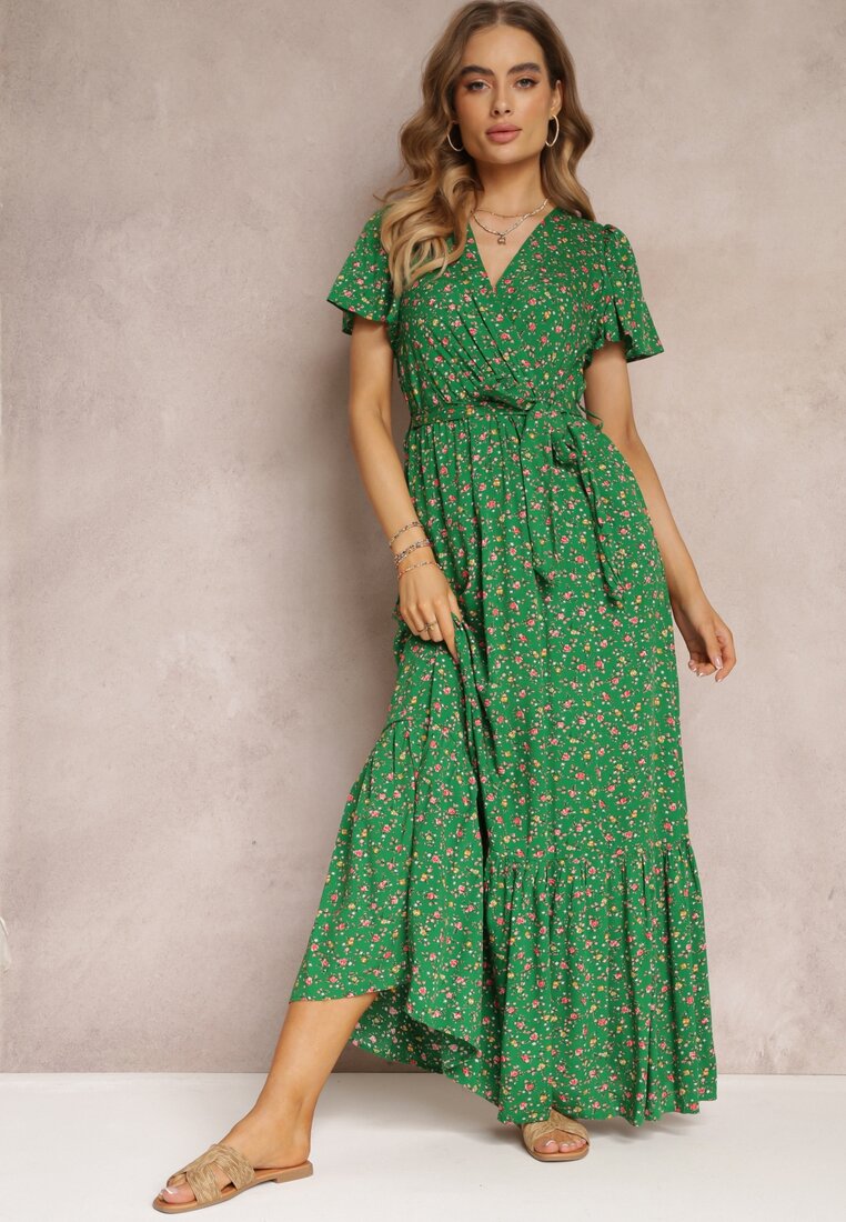 Rochie Verde Lungă cu Imprimeu Floral cu Elastic în Talie și Decolteu Tip Plic Deniva