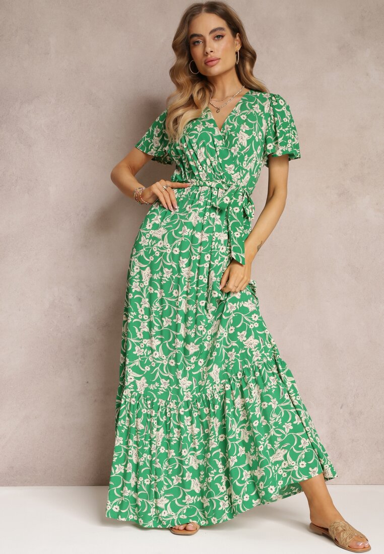 Zielona Długa Sukienka w Kwiaty z Gumką w Talii z Wiskozy Lydiza