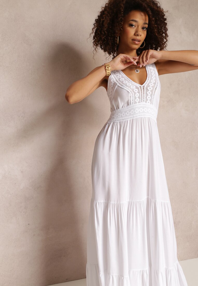 Biała Rozkloszowana Sukienka Maxi z Szydełkowanymi Wstawkami Ylivea