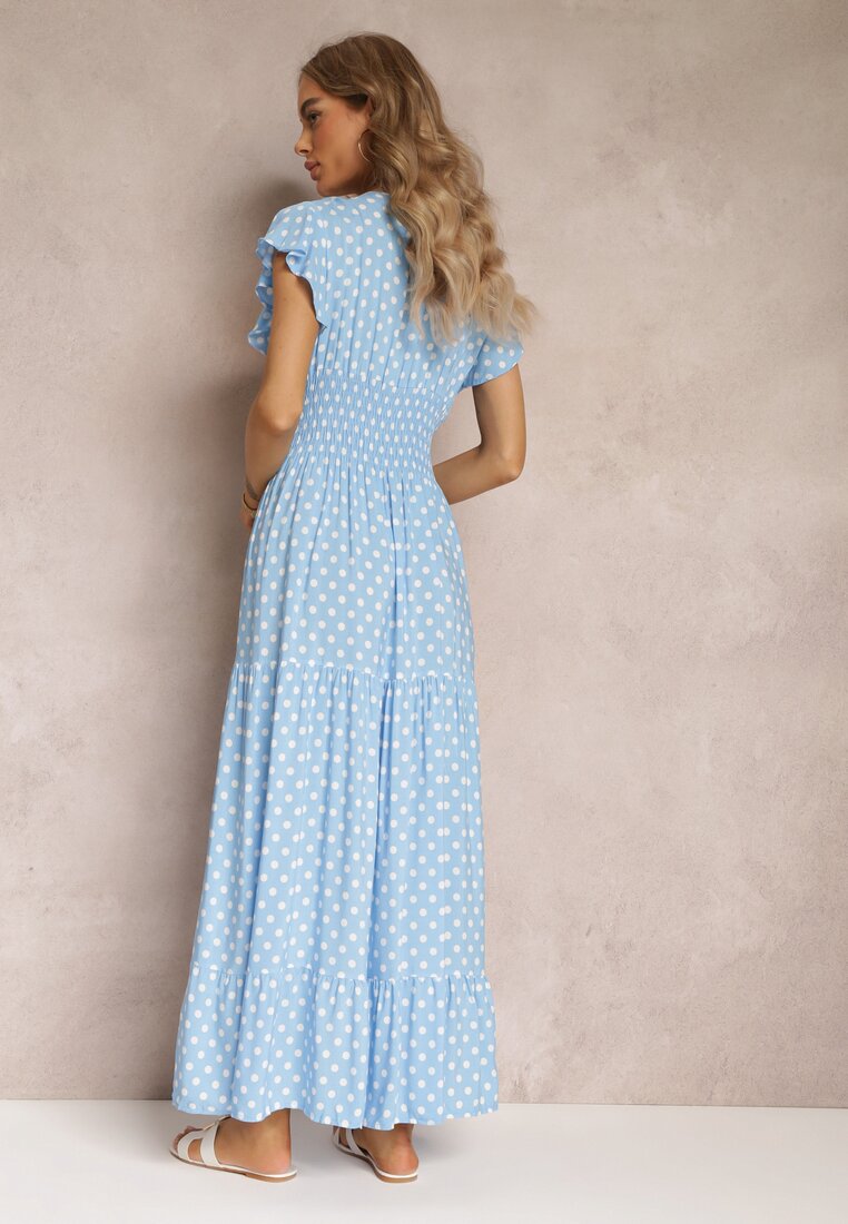 Niebieska Rozkloszowana Sukienka Maxi w Kropki z Gumką w Talii Janey