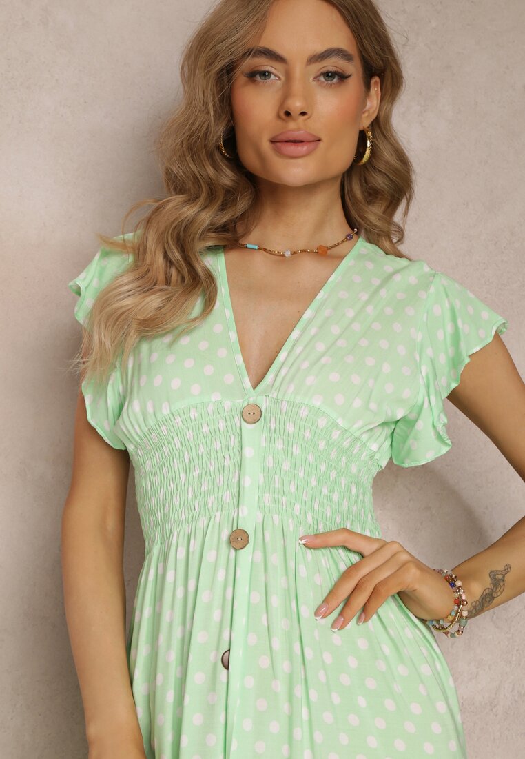 Zielona Rozkloszowana Sukienka Maxi w Kropki z Gumką w Talii Janey