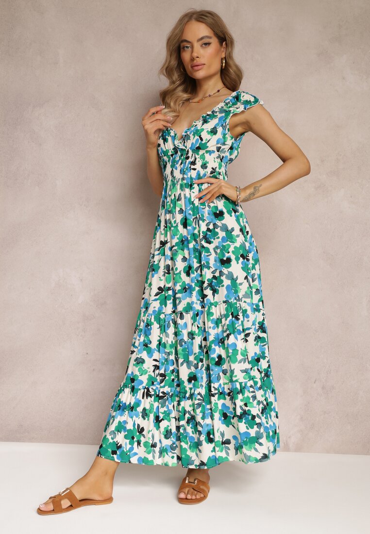 Zielona Kopertowa Sukienka Maxi w Kwiaty z Gumką w Pasie z Wiskozy Marielys