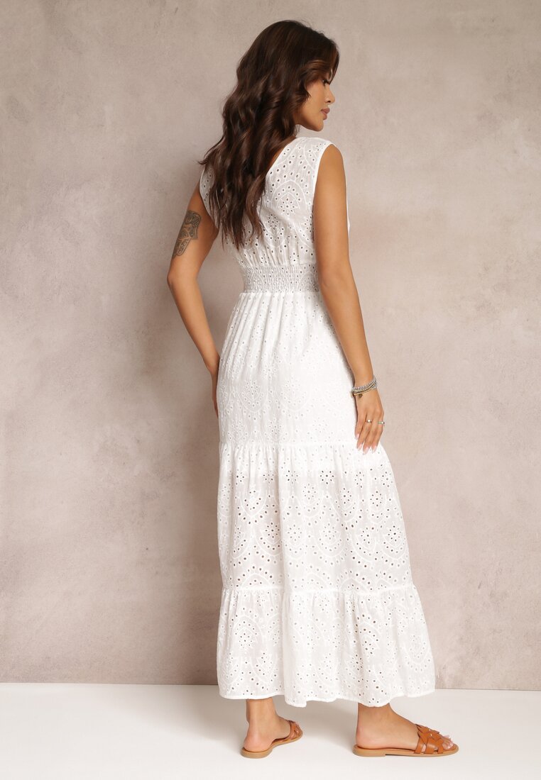 Biała Bawełniana Sukienka z Koronkowymi Wstawkami i Gumkami w Talii Gabina
