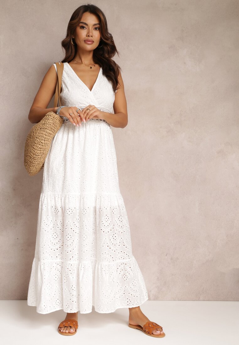 Biała Bawełniana Sukienka z Koronkowymi Wstawkami i Gumkami w Talii Gabina