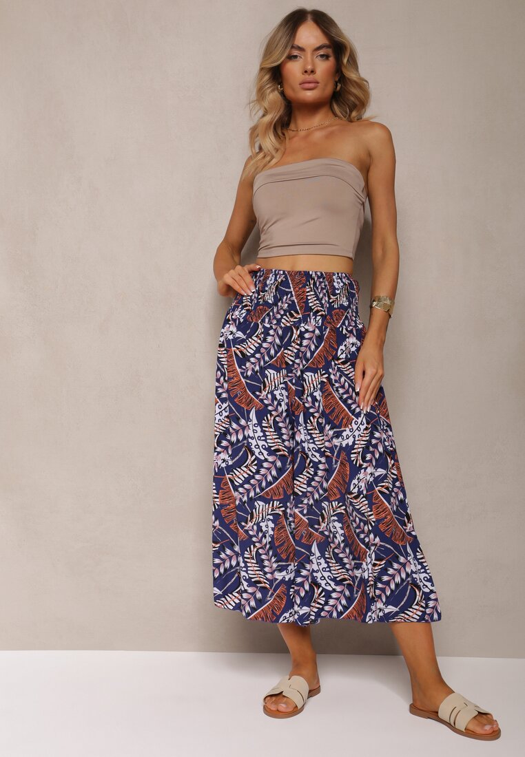 Pantaloni largi din bumbac bleumarin cu model etnic și elastic în talie Irilina