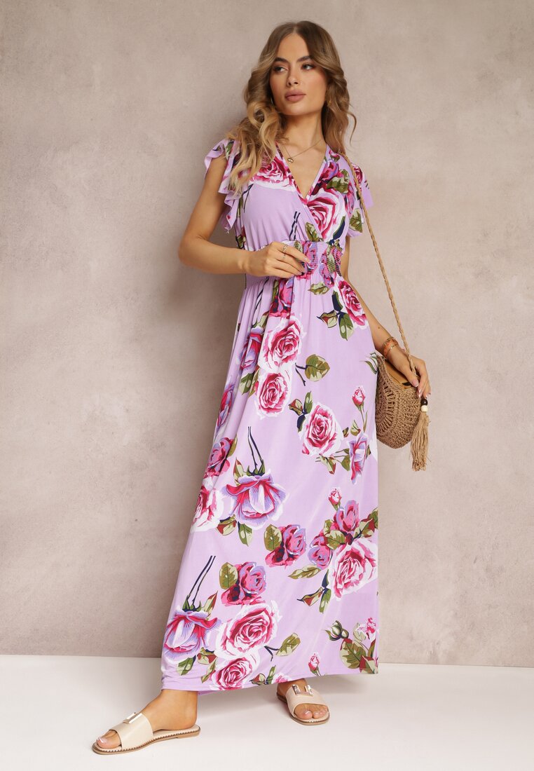 Fioletowa Rozkloszowana Sukienka Maxi z Gumkami w Talii w Kwiaty Mircale