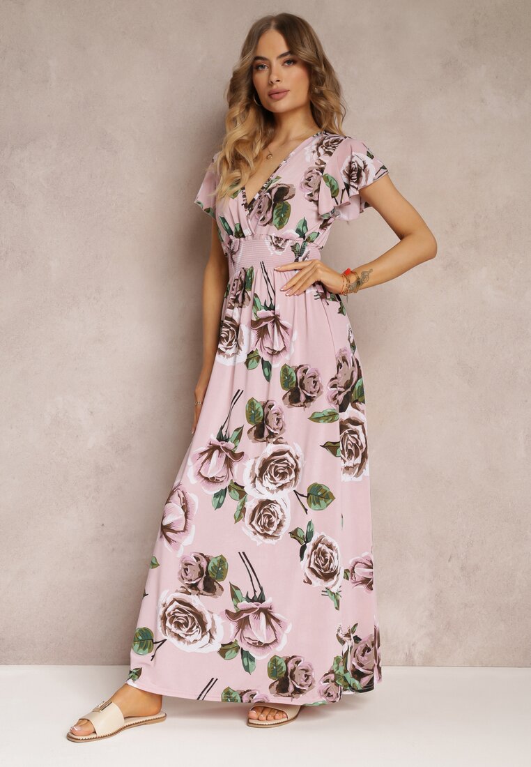 Różowa Rozkloszowana Sukienka Maxi z Gumkami w Talii w Kwiaty Mircale