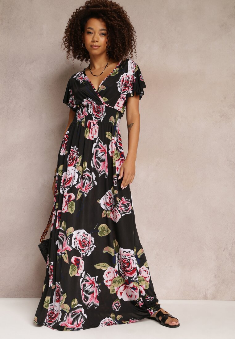 Czarna Rozkloszowana Sukienka Maxi z Gumkami w Talii w Kwiaty Mircale
