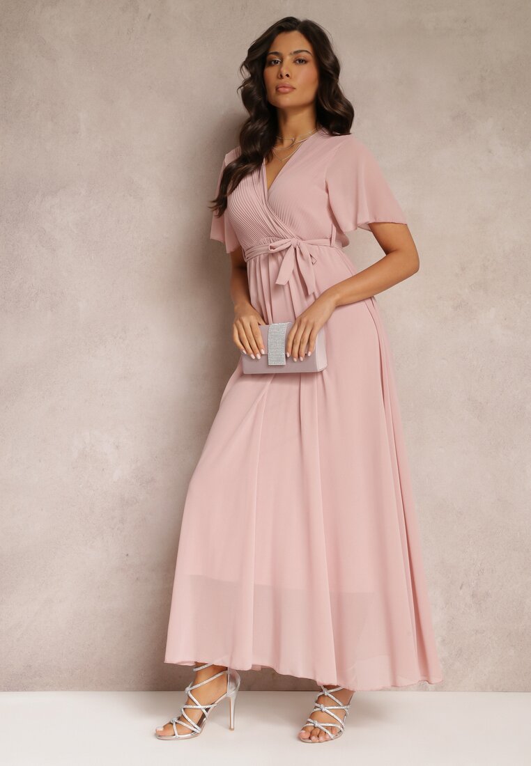 Rochie Roz Pliuri Decolteu Petrecut Elastic Talie Dimitris
