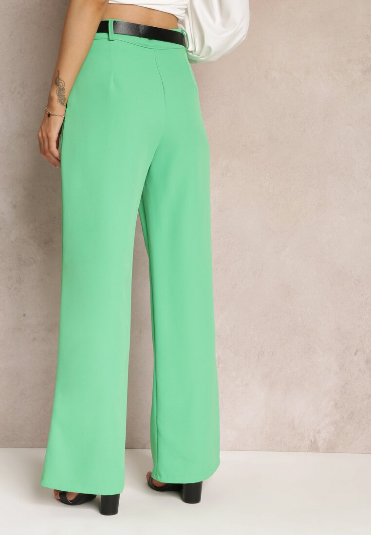 Zielone Szerokie Spodnie z Wysokim Stanem i Paskiem z Ozdobną Klamrą Lilura
