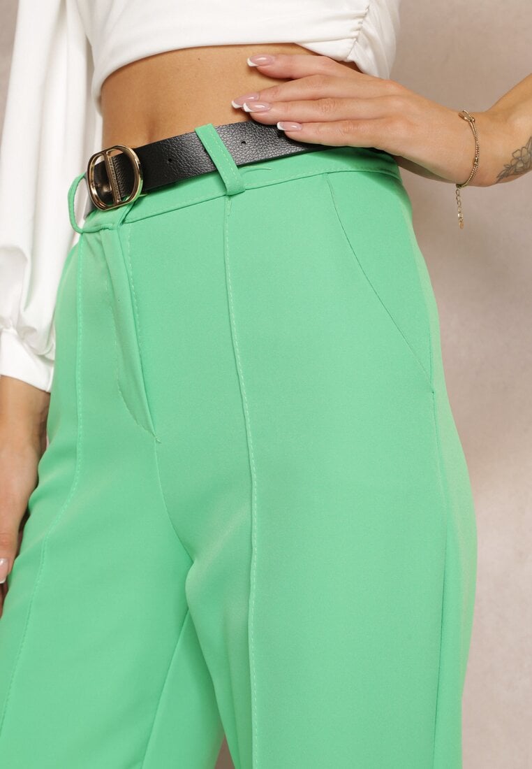 Zielone Szerokie Spodnie z Wysokim Stanem i Paskiem z Ozdobną Klamrą Lilura