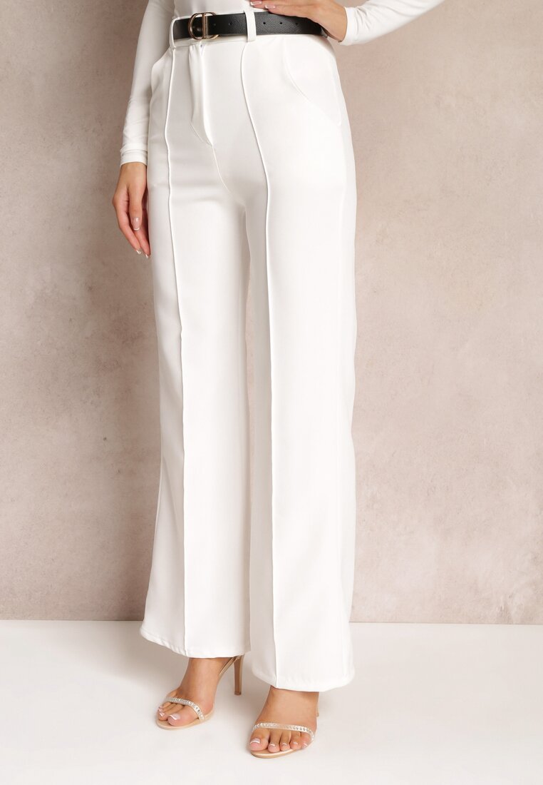 Białe Szerokie Spodnie z Wysokim Stanem i Paskiem z Ozdobną Klamrą Lilura
