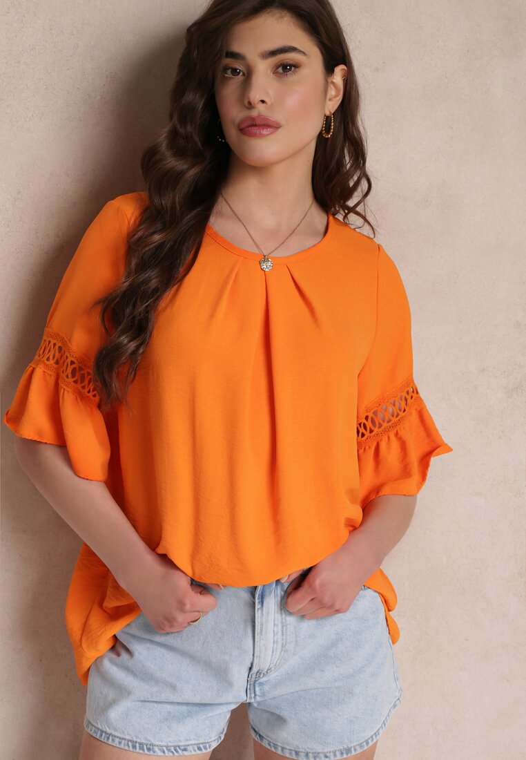 Pomarańczowa Bluzka z Ozdobnym Dekoltem i Ażurowymi Rękawami Nicolia