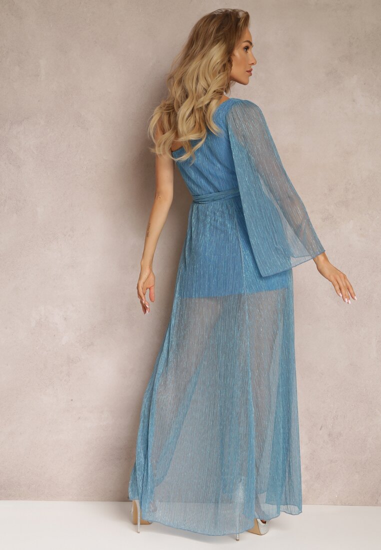 Niebieska Asymetryczna Sukienka Maxi z Gumką i Wiązanym Paskiem w Talii Saminta