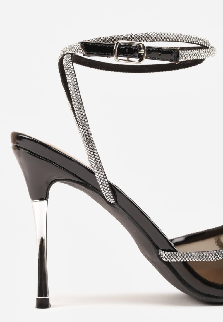 Sandale negre transparente cu toc cui si barete subtiri cu cristale Peppis