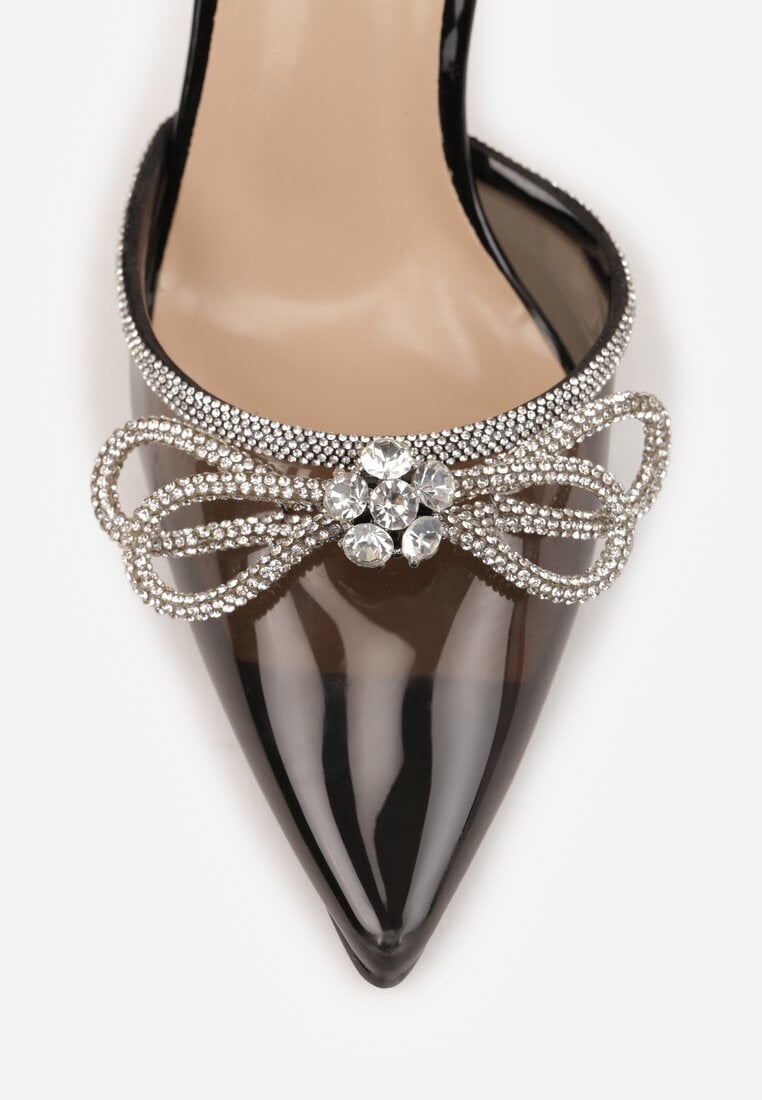 Sandale negre transparente cu toc cui si barete subtiri cu cristale Peppis