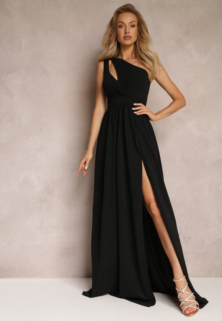 Czarna Asymetryczna Sukienka Na Jedno Ramię z Rozcięciem na Dole Xionia