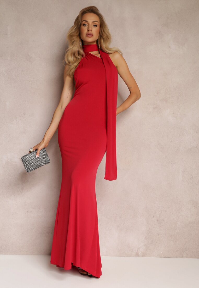 Czerwona  Asymetryczna Sukienka Maxi z Rozszerzanym Dołem na Jedno Ramię Halfrid