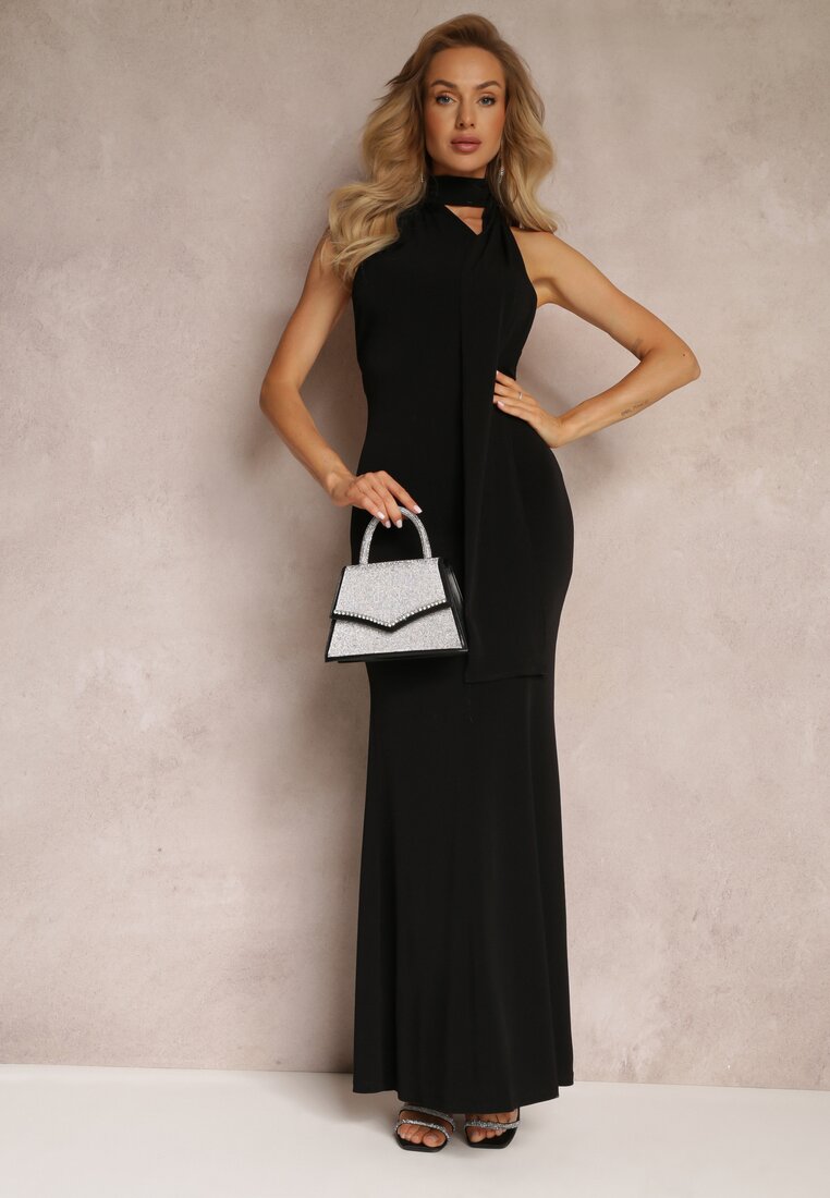 Czarna Asymetryczna Sukienka Maxi z Rozszerzanym Dołem na Jedno Ramię Halfrid