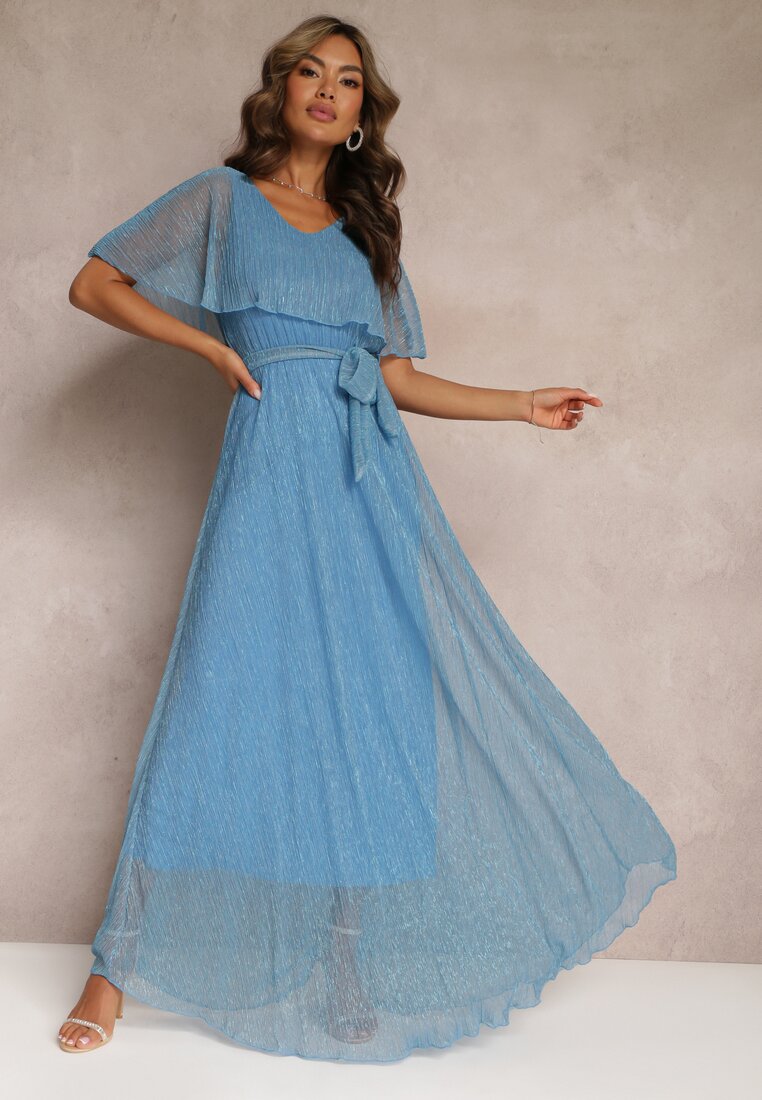 Niebieska Koktajlowa Sukienka Maxi z Ozdobną Falbaną na Górze Cailey