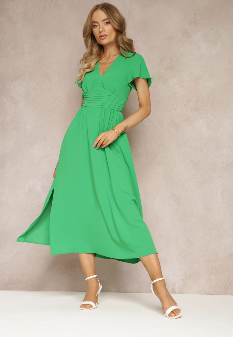 Zielona Rozkloszowana Sukienka Maxi z Wycięciem Ahina