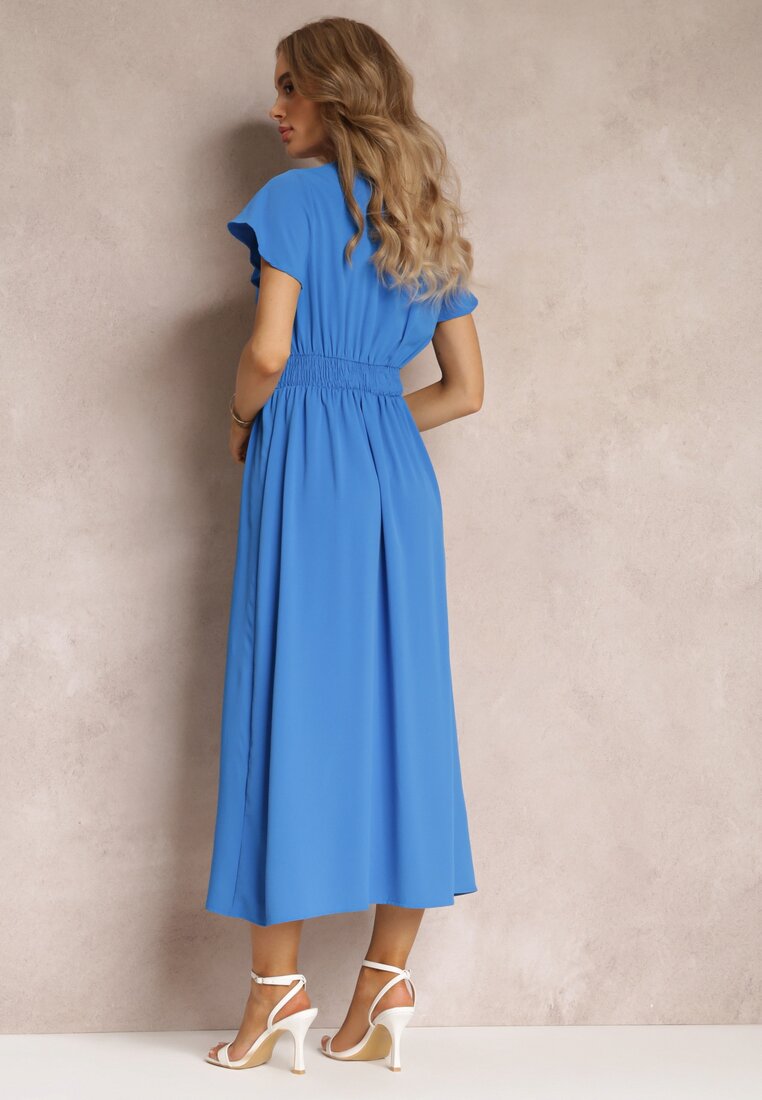 Niebieska Rozkloszowana Sukienka Maxi z Wycięciem Ahina