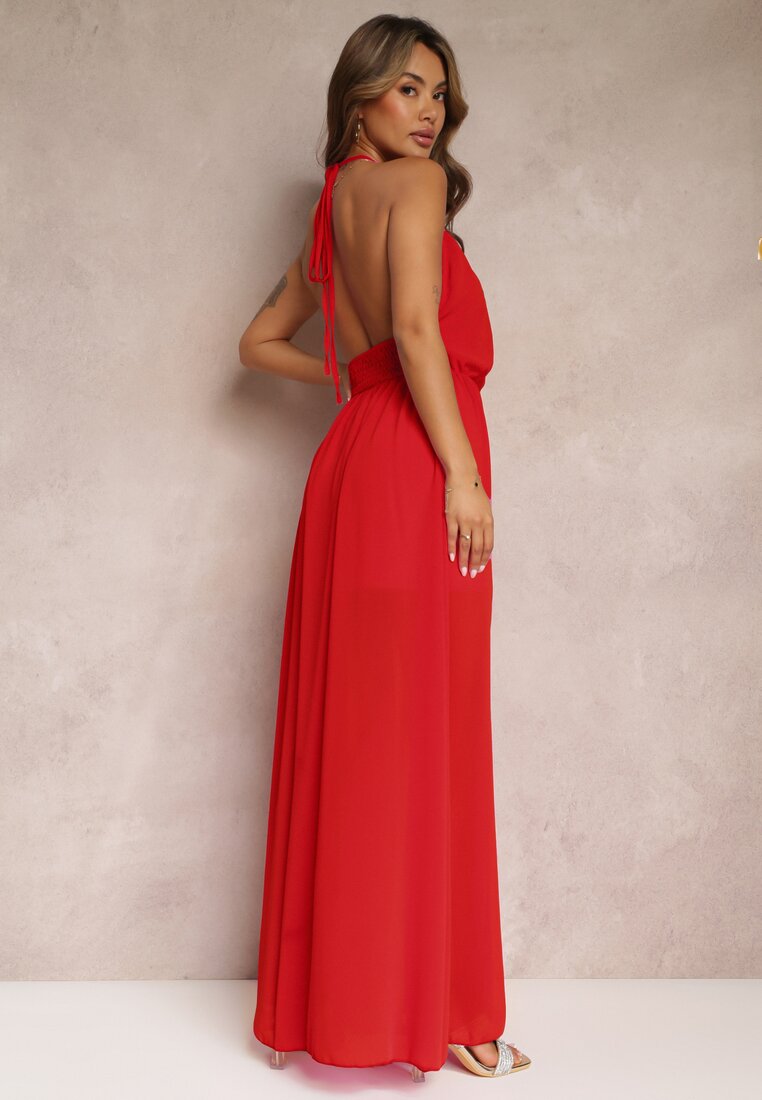 Czerwona Sukienka Maxi Wiązana na Szyi z Gumką w Talii i Rozkloszowanym Dołem Amyli