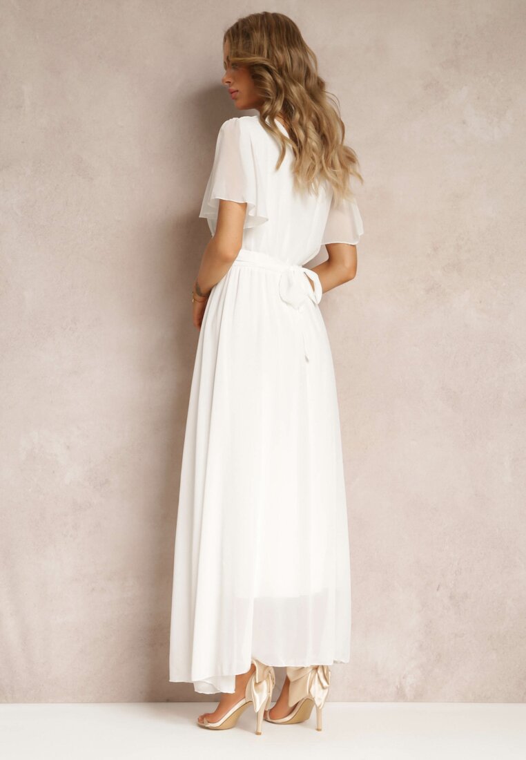Biała Rozkloszowana Sukienka z Kopertowym Dekoltem Obillis