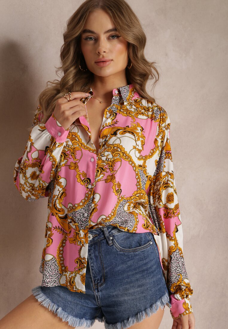 Różowa Bawełniana Koszula z Modnym Printem i Dłuższym Tyłem Fallia