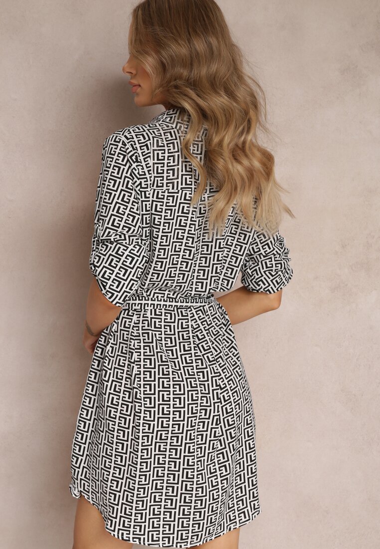 Rochie Cămașă Mini Alb-Negru cu Curea din Material din Viscoză Dadrass
