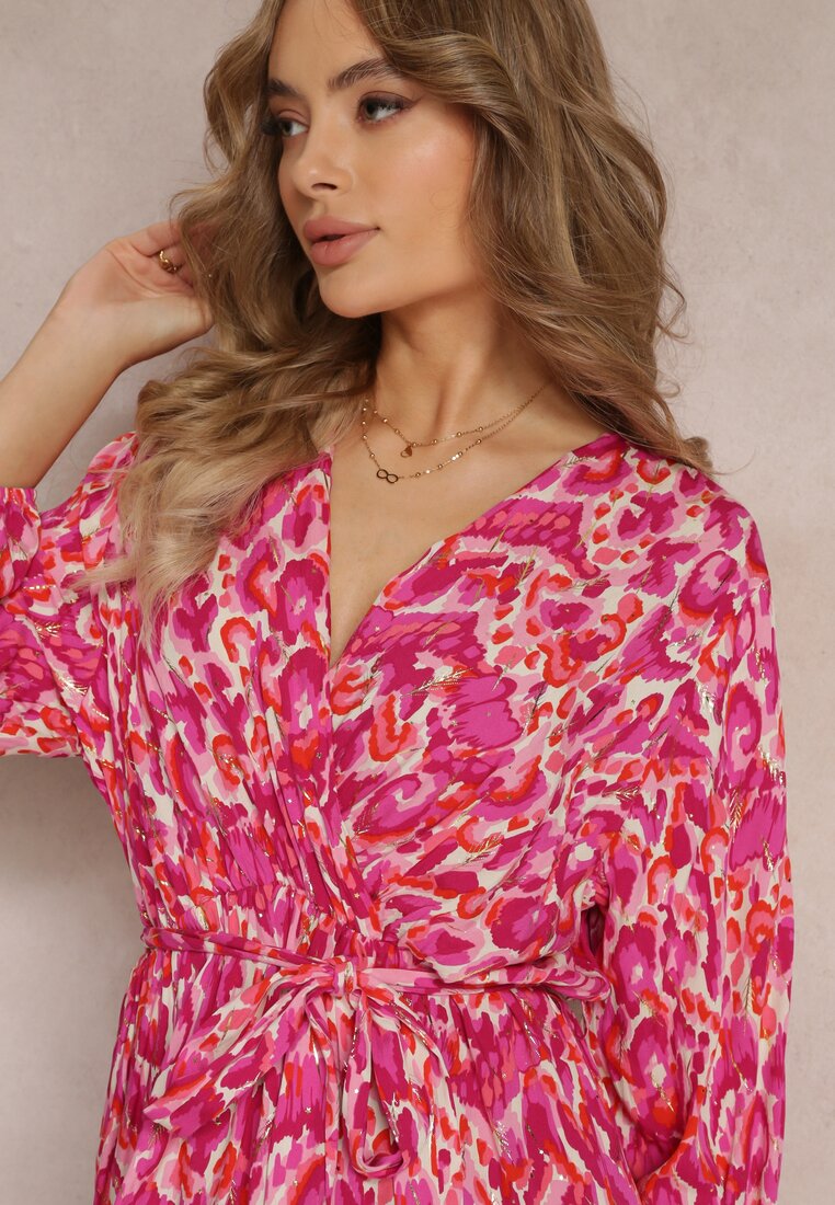 Rochie Midi Fucsia tip Creion cu Curea și Fir Metalic Armellia