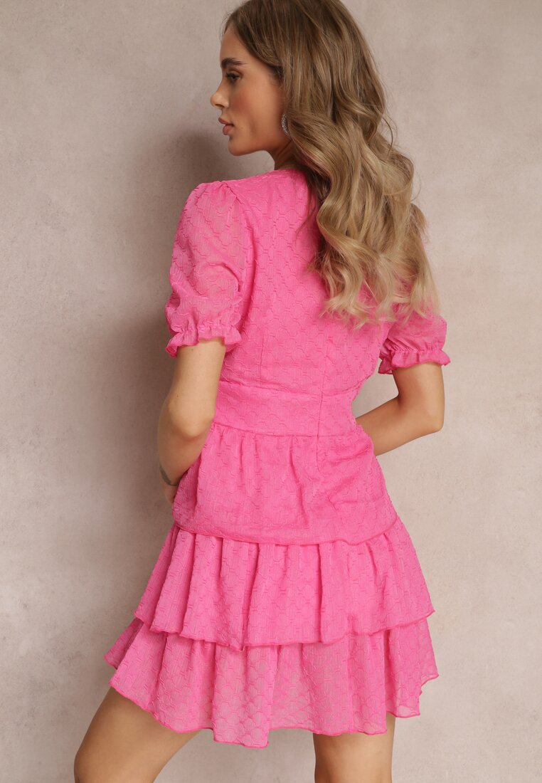 Różowa Marszczona Sukienka Mini z Falbankami i Metaliczną Nitką Elody