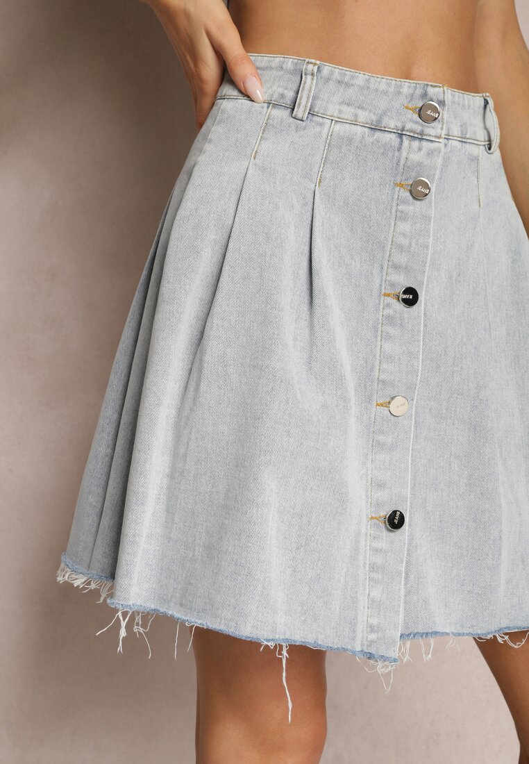 Jasnoniebieska Jeansowa Spódnica Mini z Zakładkami Hollette