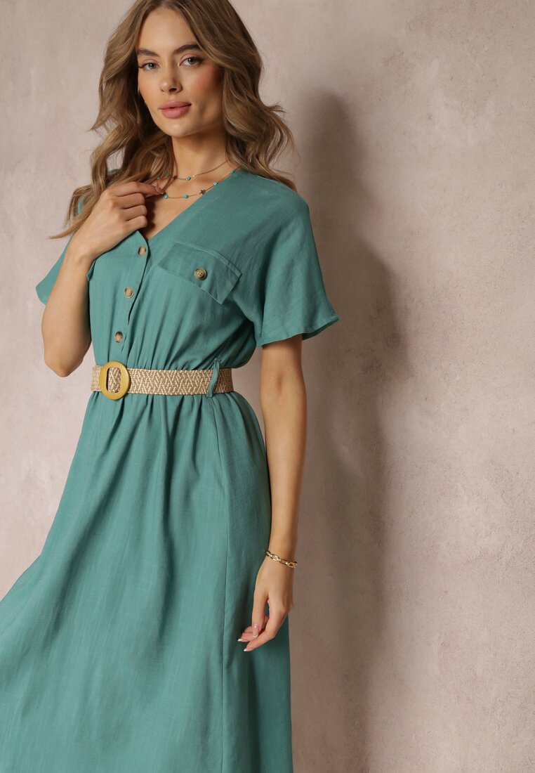 Rochie cămașă midi verde din bumbac cu elastic în talie și curea împletită Emera