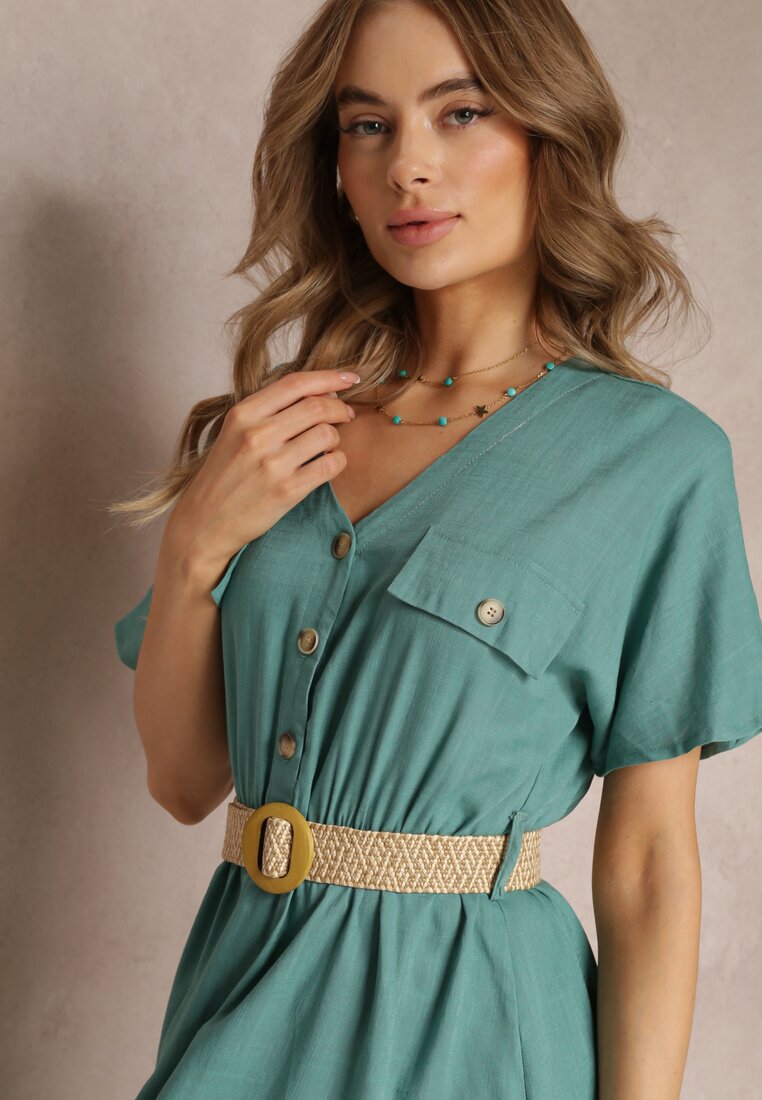 Rochie cămașă midi verde din bumbac cu elastic în talie și curea împletită Emera
