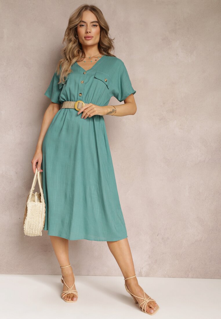 Rochie cămașă midi verde din bumbac cu elastic în talie și curea împletită Emera