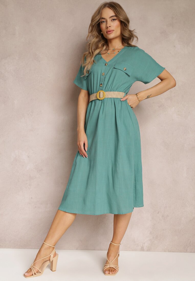 Rochie cămașă midi verde din bumbac cu elastic în talie și curea împletită Emera
