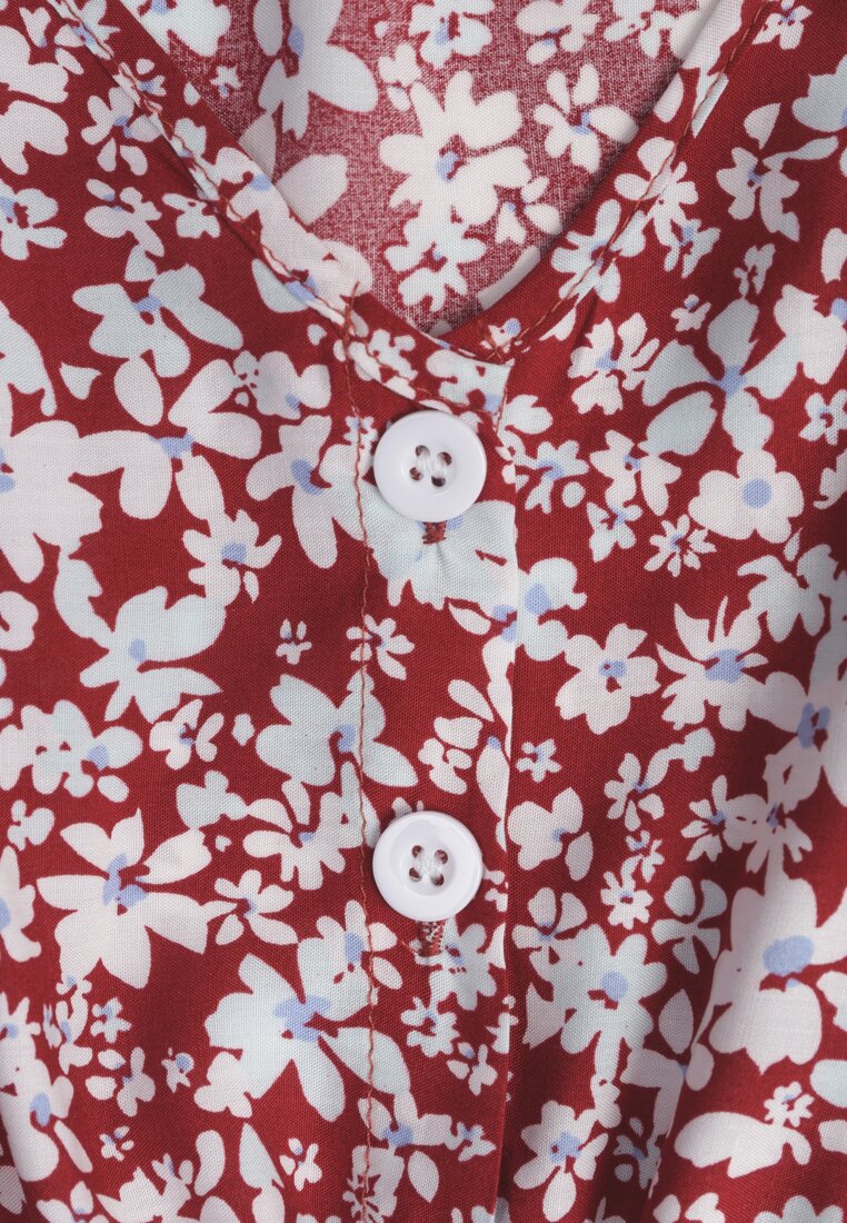 Rochie din bumbac roșu cu nasturi la decolteu și elastic în talie Grasita