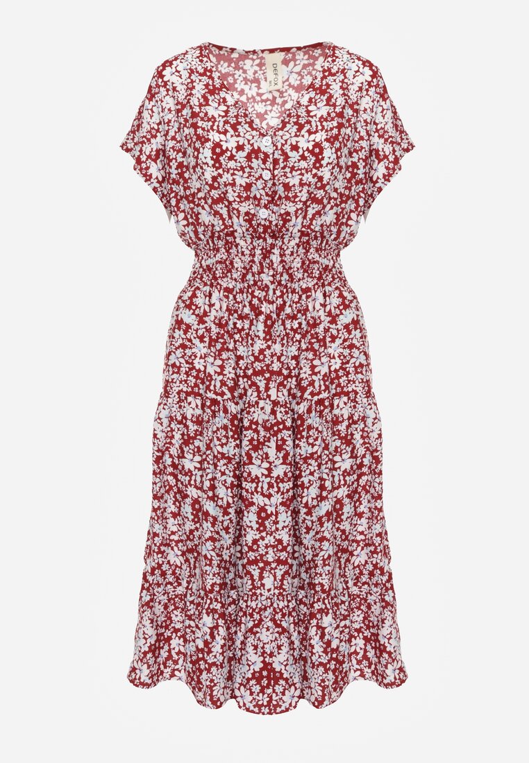 Rochie din bumbac roșu cu nasturi la decolteu și elastic în talie Grasita