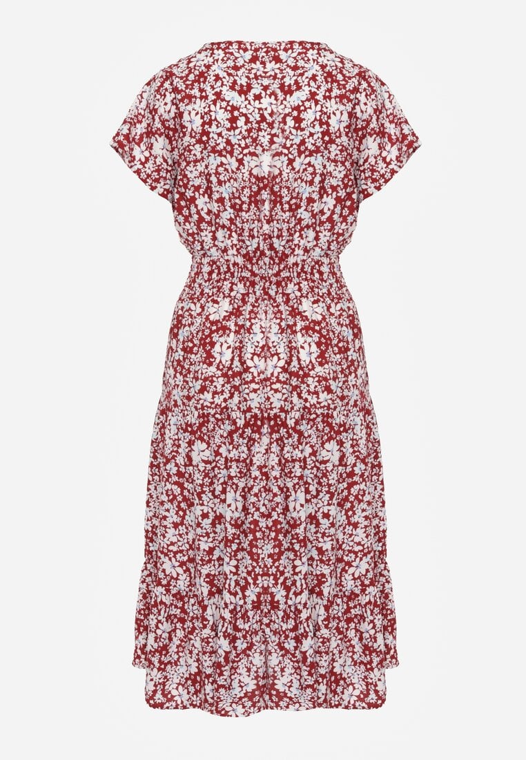 Rochie din bumbac roșu cu nasturi la decolteu și elastic în talie Grasita