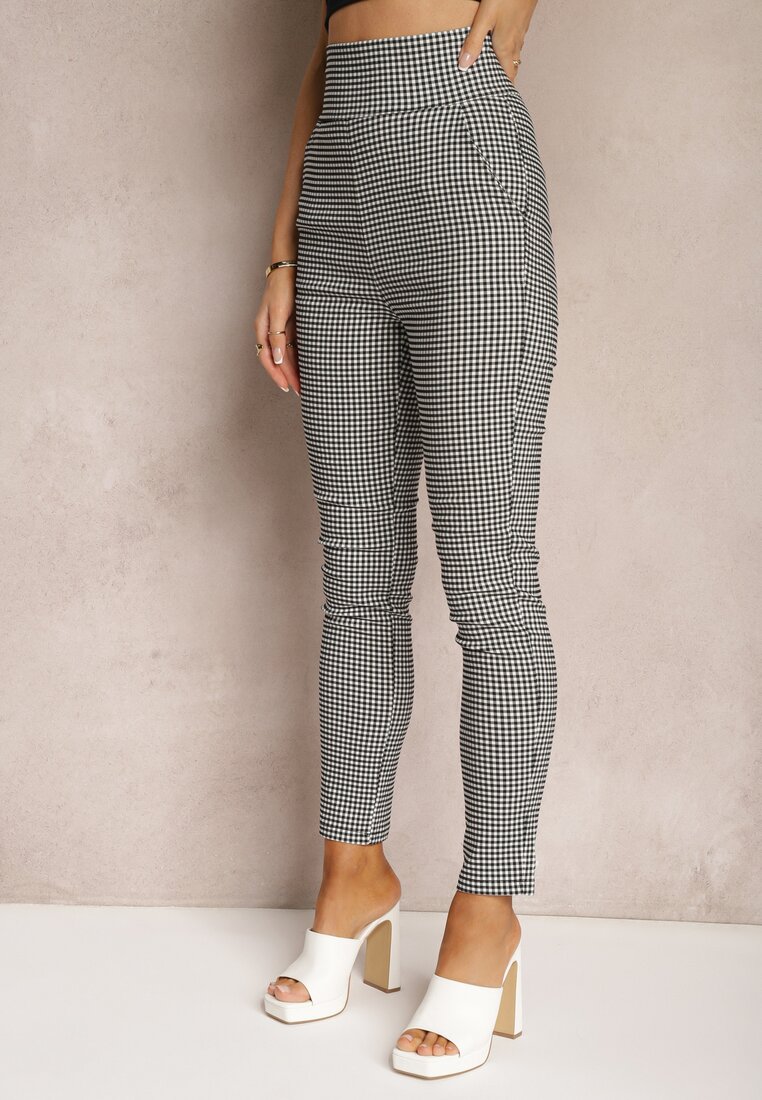 Biało-Czarne Spodnie Typu Skinny High Waist w Pepitkę Rivanes
